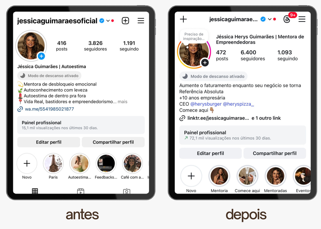 Antes e depois do perfil @jessicaguimaraesoficial