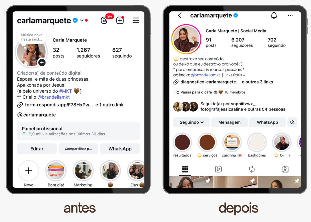 Antes e depois do perfil @carlamarquete
