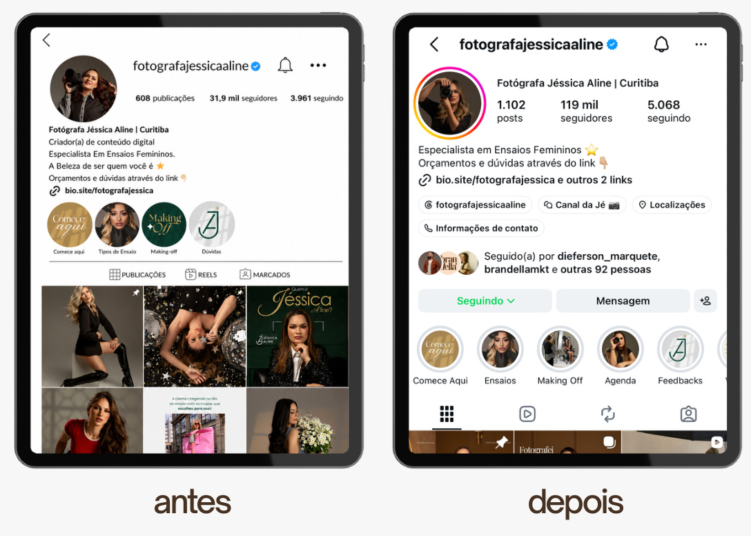 Antes e depois do perfil @fotografajessicaaline